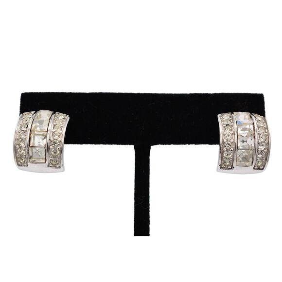 Givenchy Crystal Hoops Earrings Square Rhinestone Silver Vintage Signed BinAI - Picture 1 of 12